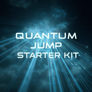 Könnte beinhalten: Digitalgrafik mit den weißen Worten "QUANTUM JUMP STARTER KIT" vor einem dunkelblauen Hintergrund mit hellblauen Lichtstrahlen, die von der unteren rechten Ecke ausgehen und Energie und Bewegung suggerieren.