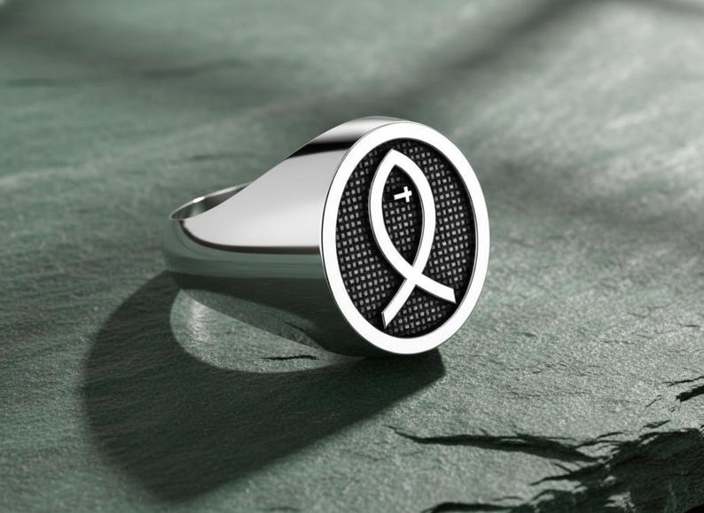 Christian Fish Silver Ring for Men in 925 Sterling With Oval Face and ...