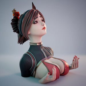 May include: A 3D-rendered bust of a woman with brown hair and red lips, looking upwards. She wears a black and red outfit with a high collar and a decorative hairpiece with a red rose. Her hands are open, with red nail polish.