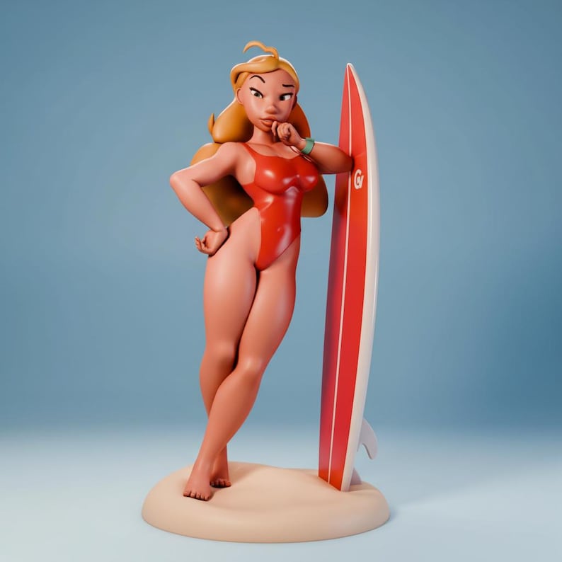 Hawaii 3D hand-painted resin figure from Lilo and Stitch, Hawaii surfer girl collectible statue with red swimsuit and surfboard