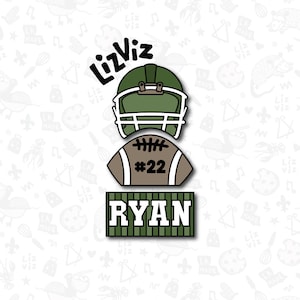 May include: Green and brown football helmet and football with the number 22 on it. A green and white striped rectangle with the name RYAN on it.