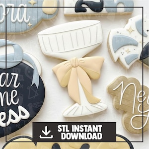 May include: Assortment of decorated sugar cookies in various shapes and colors. The cookies include a champagne glass with a bow, a banner, and other shapes. The cookies are decorated with white, beige, and blue icing. The image also includes the text "STL INSTANT DOWNLOAD".