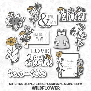 May include: A set of 10 printable stickers featuring floral designs and text. The stickers include phrases like "Love You Mom", "Love in Bloom", "Mrs. and Mrs.", and "Thanks for helping me grow".