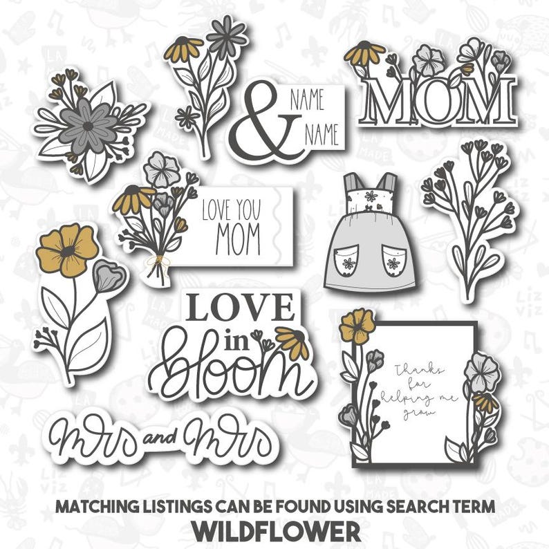 May include: A set of 10 printable stickers featuring floral designs and text. The stickers include phrases like "Love You Mom", "Love in Bloom", "Mrs. and Mrs.", and "Thanks for helping me grow".