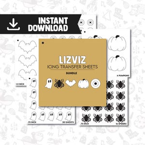 May include: A collection of Halloween-themed icing transfer sheets. The sheets feature bats, ghosts, spiders, pumpkins, and eyeballs. The text "LIZ VIZ ICING TRANSFER SHEETS BUNDLE" is displayed on a gold background. Available for instant download.