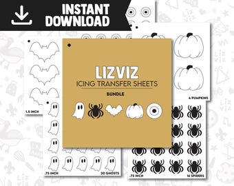 Può includere: Un pacchetto di fogli di trasferimento per glassa a tema Halloween. I fogli presentano pipistrelli, fantasmi, ragni, zucche e occhi. Il testo "LIZ VIZ ICING TRANSFER SHEETS BUNDLE" è visualizzato su sfondo dorato. Download immediato.