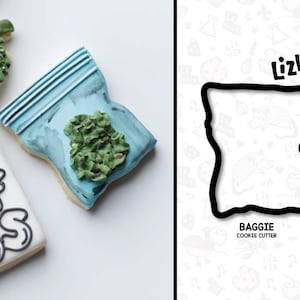 May include: A cookie cutter in the shape of a baggie with the text "Baggie Cookie Cutter" below it. The cookie cutter is black and is on a white background with a pattern of various doodles.