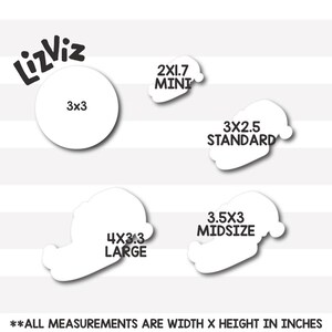Puede incluir: Un gr&aacute;fico que muestra diferentes tama&ntilde;os de pegatinas con el texto "LizViz" y medidas en pulgadas. Los tama&ntilde;os son: 2x1,7 Mini, 3x2,5 Est&aacute;ndar, 4x3,3 Grande y 3,5x3 Mediano. El texto "**TODAS LAS MEDIDAS SON ANCHO X ALTO EN PULGADAS" est&aacute; en la parte inferior del gr&aacute;fico.