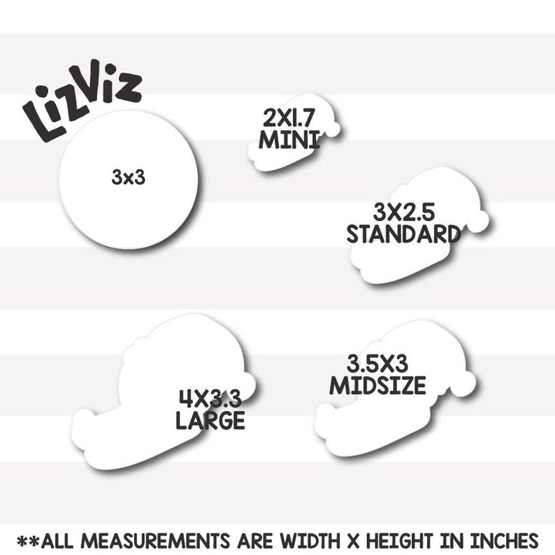 Puede incluir: Un gr&aacute;fico que muestra diferentes tama&ntilde;os de pegatinas con el texto "LizViz" y medidas en pulgadas. Los tama&ntilde;os son: 2x1,7 Mini, 3x2,5 Est&aacute;ndar, 4x3,3 Grande y 3,5x3 Mediano. El texto "**TODAS LAS MEDIDAS SON ANCHO X ALTO EN PULGADAS" est&aacute; en la parte inferior del gr&aacute;fico.