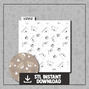 May include: A white digital download file for a bear and paw print pattern. The pattern is shown on a brown background with hearts. The text "STL INSTANT DOWNLOAD" is below the pattern.