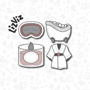 May include: Four line art illustrations: a sleep mask, a bathtub with bubbles, a lit candle in a glass jar, and a robe with a belt. The illustrations are in a minimalist style with a white background.