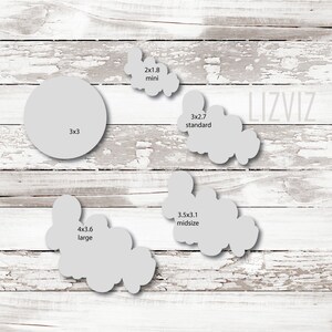 May include: Four different sizes of white paper cutouts of clouds on a white wood background. The sizes are labeled "mini", "standard", "midsize", and "large". The measurements are 2x1.8 inches, 3x2.7 inches, 3.5x3.1 inches, and 4x3.6 inches. The word "Lizviz" is written in white on the background.
