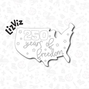 May include: A black and white outline of the United States with the text "250 years of freedom" and stars. The logo "LizViz" is in the upper left corner. The background has a repeating pattern of various small illustrations.