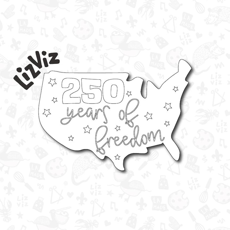 May include: A black and white outline of the United States with the text "250 years of freedom" and stars. The logo "LizViz" is in the upper left corner. The background has a repeating pattern of various small illustrations.