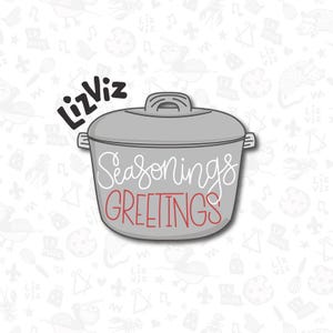 May include: A gray metal pot with a white lid and the text "LizViz Seasonings Greetings" in red and white lettering.
