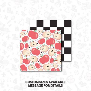 May include: Two square patterned designs. One features red apples and apple slices with green leaves and colorful dots on a white background. The other is a black and white checkerboard pattern. Text at the bottom reads: CUSTOM SIZES AVAILABLE MESSAGE FOR DETAILS.