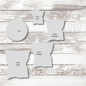 May include: Four different sizes of white paper bags on a white wood background. The bags are labeled with their dimensions and size: 1.7x2 mini, 2.6x3 standard, 3x3.5 midsize, and 3.5x4 large.