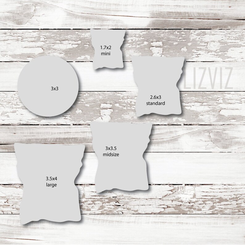 May include: Four different sizes of white paper bags on a white wood background. The bags are labeled with their dimensions and size: 1.7x2 mini, 2.6x3 standard, 3x3.5 midsize, and 3.5x4 large.