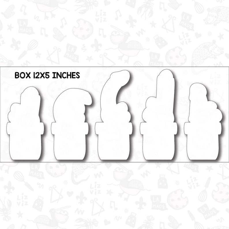 May include: Five blank printable gift tags shaped like cacti in a 12x5 inch box. The tags are white and have a simple outline.