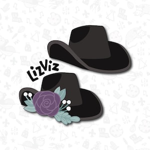 May include: Two black cowboy hats with a purple flower and green leaves on one of the hats. The text "LizViz" is written in white on a black background.