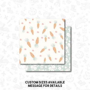 May include: A digital paper pack with two seamless patterns. The first pattern features a white background with orange carrots and pink dots. The second pattern features a light blue background with white flowers. The text "CUSTOM SIZES AVAILABLE MESSAGE FOR DETAILS" is at the bottom of the image.
