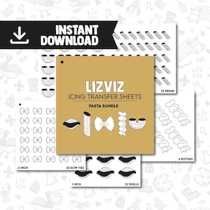 Può includere: Un insieme di fogli di carta bianca con disegni a tema pasta. Il foglio centrale, etichettato "LIZ VIZ ICING TRANSFER SHEETS PASTA BUNDLE", mostra varie forme di pasta. Fogli aggiuntivi mostrano farfalle, conchiglie e penne. Sono visibili anche le parole "DOWNLOAD IMMEDIATO".