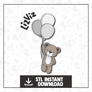 May include: A brown teddy bear holding three balloons. The balloons are gray, white, and light gray. The teddy bear is holding the balloons with its paws. The background is white with a pattern of small, gray shapes.