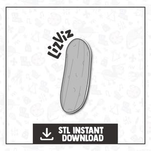 May include: A gray pickle-shaped object with a textured surface, featuring the text "LizViz" and "STL INSTANT DOWNLOAD". The design is set against a white background with a repeating pattern of kitchen utensils.
