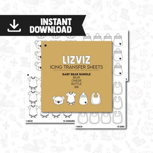 May include: A set of 12 icing transfer sheets for decorating cakes and cupcakes with baby bear themed designs. The sheets include a bear, onesie, bottle, and bib. The sheets are 1 inch in size.
