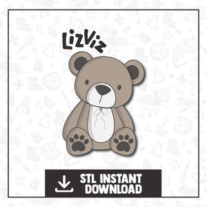 May include: A digital download of a 3D printable STL file for a brown teddy bear with the name "Lizviz" printed above it. The bear has a white belly and black paw pads.