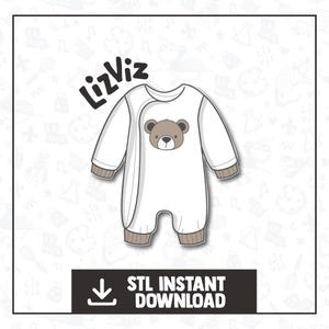 May include: White baby onesie with a brown bear design on the front. The onesie has long sleeves and a snap closure. The text "LizViz" is printed in black at the top of the image. The text "STL INSTANT DOWNLOAD" is printed in black at the bottom of the image.