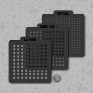 May include: Three black stencils with star-shaped cutouts. The stencils are labeled "Large", "Medium", and "Small". A US quarter is included for scale.