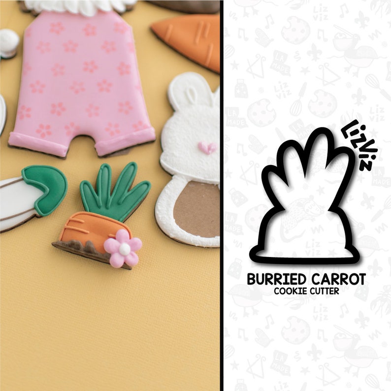 May include: A black cookie cutter shaped like a bunny with a carrot sticking out of its head. The cutter is labeled "Burried Carrot Cookie Cutter" and "Lizviz".