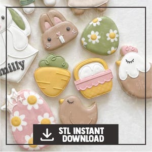 May include: Assortment of Easter-themed cookies, including a bunny, carrot, egg, basket, chick, and a cookie with the name "Milly". The cookies are decorated with pastel colors and floral designs. The image includes the text "STL INSTANT DOWNLOAD".