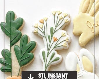 May include: Assortment of decorated sugar cookies in the shape of flowers, leaves, and bunnies. The cookies are iced in white, green, yellow, and orange. The image includes the text "STL INSTANT DOWNLOAD".