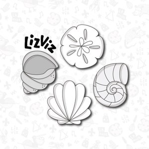 Puede incluir: Cuatro cortadores de galletas en forma de conchas, en blanco y negro. Los cortadores de galletas están sobre un fondo blanco con un patrón de ilustraciones en blanco y negro.
