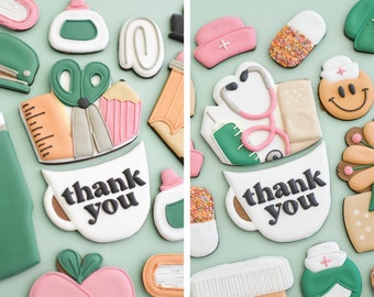 May include: A collection of decorated sugar cookies featuring school and medical themes. The cookies include shapes of scissors, pencils, rulers, stethoscopes, bandages, and pill capsules, with two white mugs featuring the black text thank you.