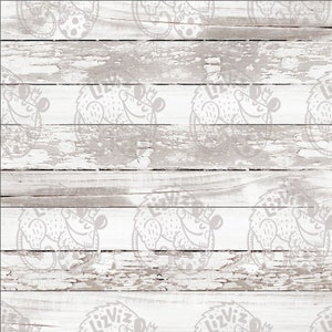 May include: Whitewashed wood background with a repeating pattern of a cartoon mouse wearing a crown and holding a balloon. The mouse is in a light gray color.