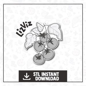 May include: A black and white illustration of a cluster of tomatoes with leaves. The image includes the text "LizViz" and "STL INSTANT DOWNLOAD". The tomatoes are shaded with star-shaped details.