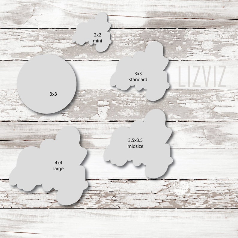 Peut inclure: Quatre emporte-pi&egrave;ces de diff&eacute;rentes tailles en forme du mot "Lizviz". Les tailles sont 2x2 mini, 3x3 standard, 3,5x3,5 moyen et 4x4 grand.