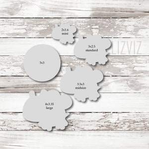 May include: Five different sizes of cookie cutters in the shape of a flower. The sizes are labeled as mini, standard, midsize, and large. The cookie cutters are on a white wooden background.