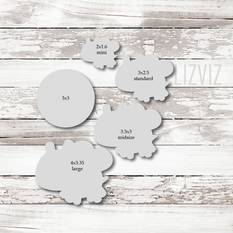May include: Five different sizes of cookie cutters in the shape of a flower. The sizes are labeled as mini, standard, midsize, and large. The cookie cutters are on a white wooden background.