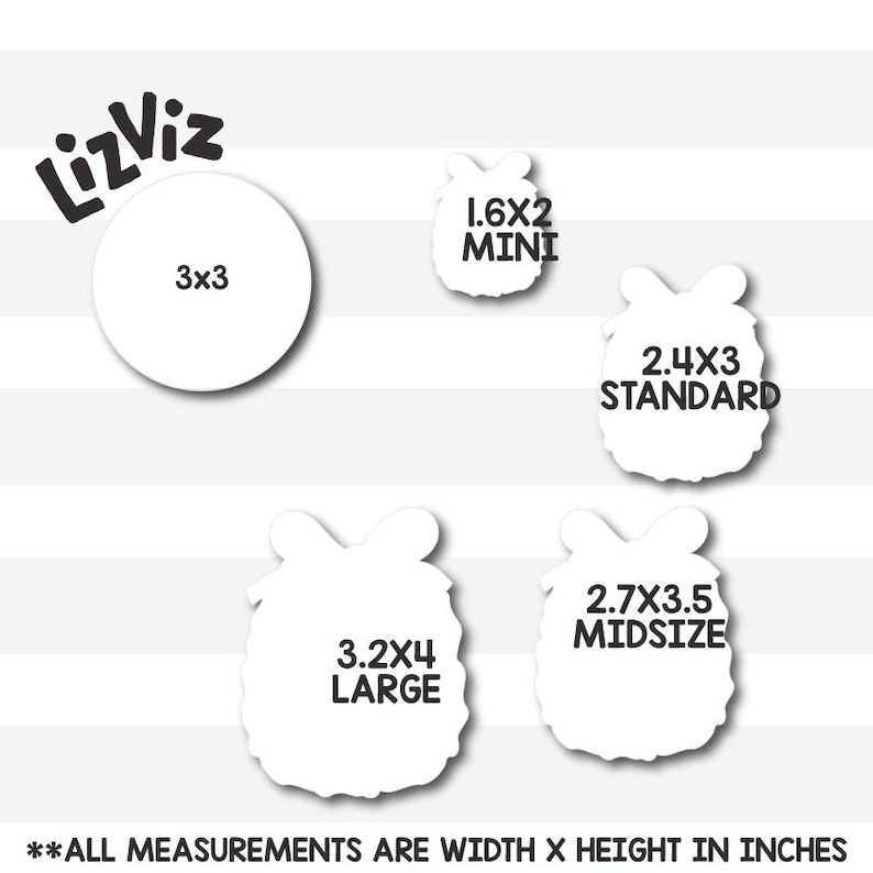 May include: White cookie cutter shapes in various sizes are displayed against a striped background. The shapes include a circle (3x3 inches) and gift box designs labeled "MINI" (1.6x2 inches), "STANDARD" (2.4x3 inches), "LARGE" (3.2x4 inches), and "MIDSIZE" (2.7x3.5 inches).
