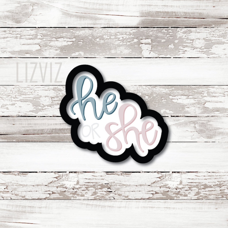 May include: A black and white cookie cutter in the shape of a cloud with the words "he or she" written in blue and pink.