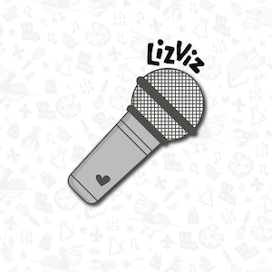 May include: A gray microphone with a black grill and a black band around the top. The microphone has a small heart on the side. The text "LizViz" is written in black above the microphone.
