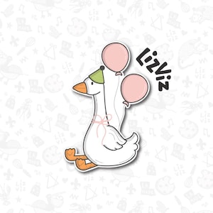 May include: A cartoon illustration of a white goose wearing a green party hat and holding two pink balloons. The goose has orange feet and a pink bow. The text "Liz Viz" is written in black cursive.