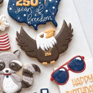 May include: Assortment of decorated sugar cookies. Includes a bald eagle with outstretched wings, a map of the United States with the text "250 years of freedom", a raccoon, and sunglasses. The cookies are decorated with various colors.