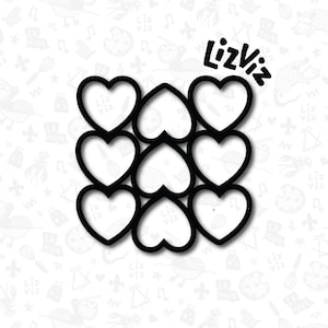 May include: Nine black outlined hearts arranged in a grid pattern. The hearts are empty and ready to be filled in with colour. The word "Lizviz" is written in black above the hearts.