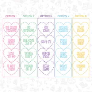 May include: Five rows of heart-shaped stickers with motivational phrases. Each row has a different color: pink, green, purple, blue, and yellow. The phrases are: "Do Hard Things", "Ur Strong", "Go Time", "Shine Bright", "Play Hard", "High Five", "Believe in U", "Go 4 It", "Push Thru", "Dive Deep", "Way to Go", "Youda Best", "Super Star", "Keep Goin", "Reach High", "U Got This", "Proud of U", "Fear Less", "Don't Quit", "Crush It".