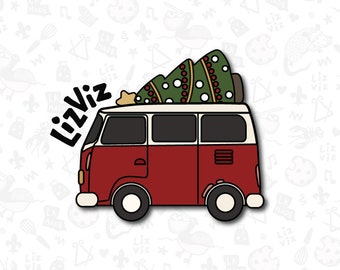 Van Cookie Cutter. Groovy Cookie Cutter. Side View. Holiday Van. With Tree on top.